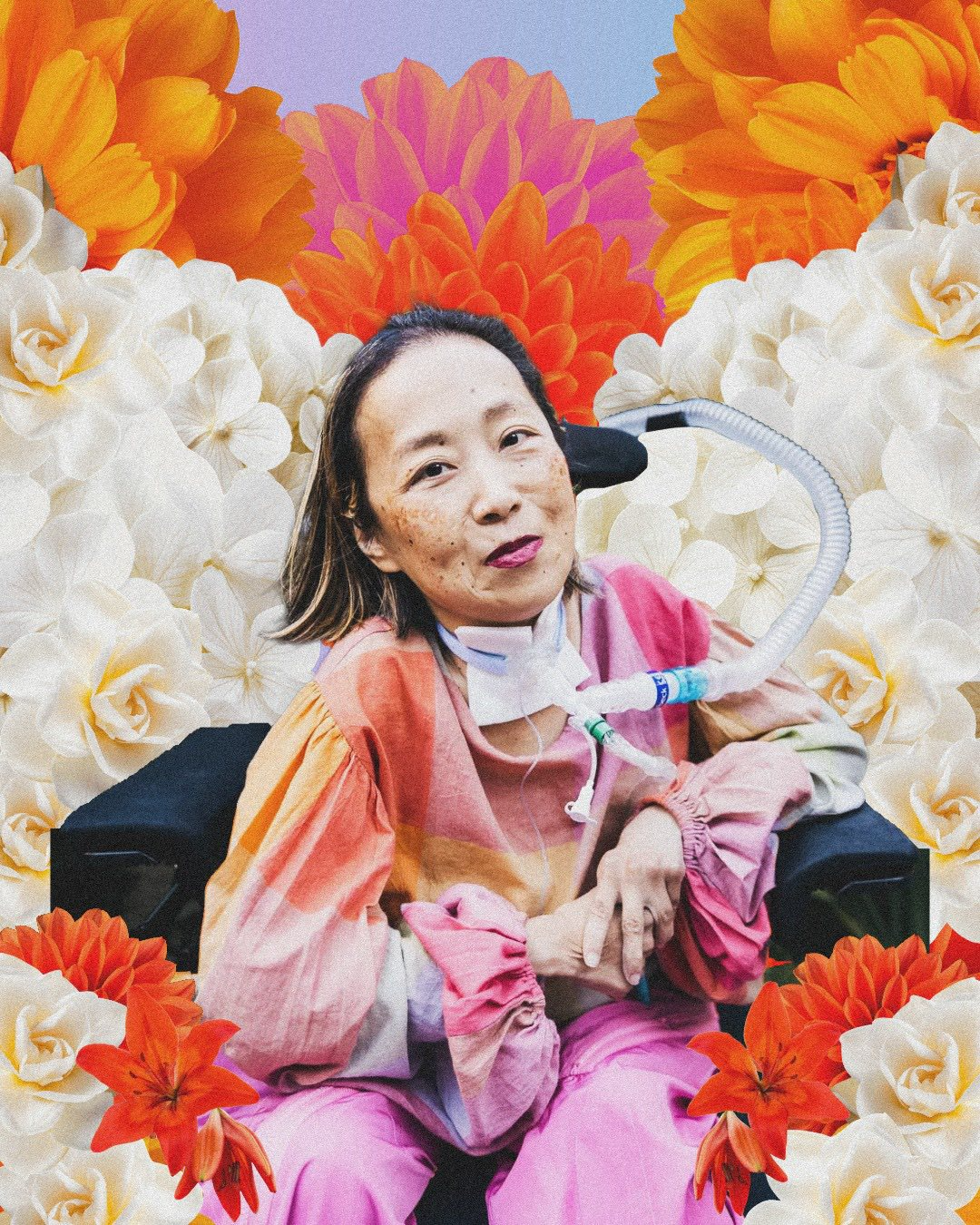 a collage digital portrait by Jennifer White-Johnson, featuring Alice Wong, an Asian American woman in a wheelchair with a tracheostomy at her neck connected to a ventilator. She’s wearing a pink plaid shirt, pink pants, and a magenta lip color. She is smiling and behind her are a bunch of tall prehistoric looking plants. Photo credit: Allison Busch Photography. She is surrounded with red-orange, yellow, and white flowers and behind it a grainy lavender shaded background